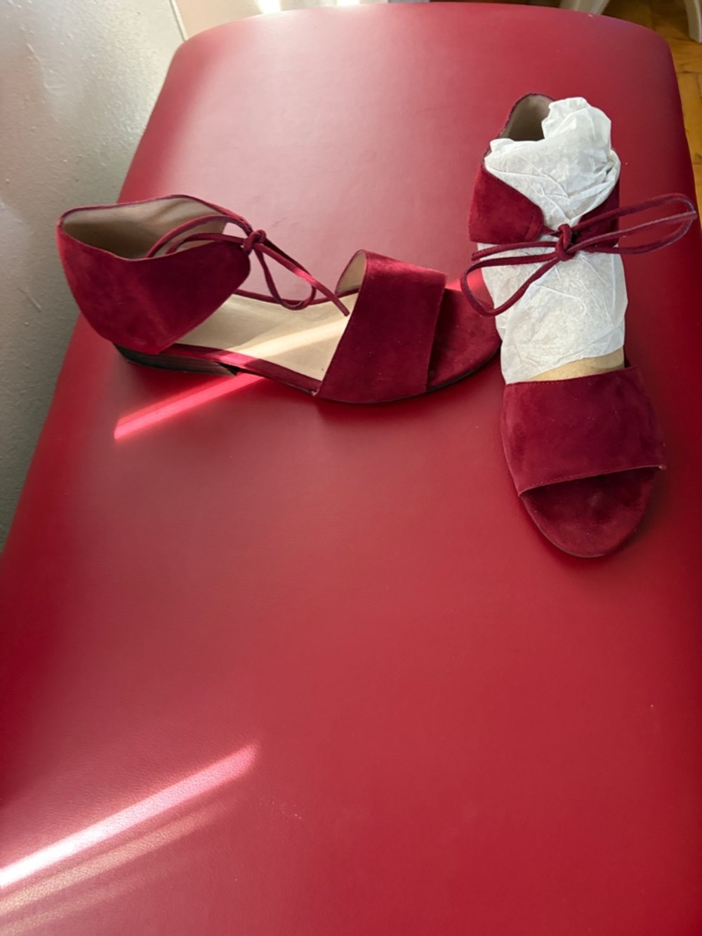 Eileen Fisher Red Suede Lace-Up Open-Toe Flat Sandals